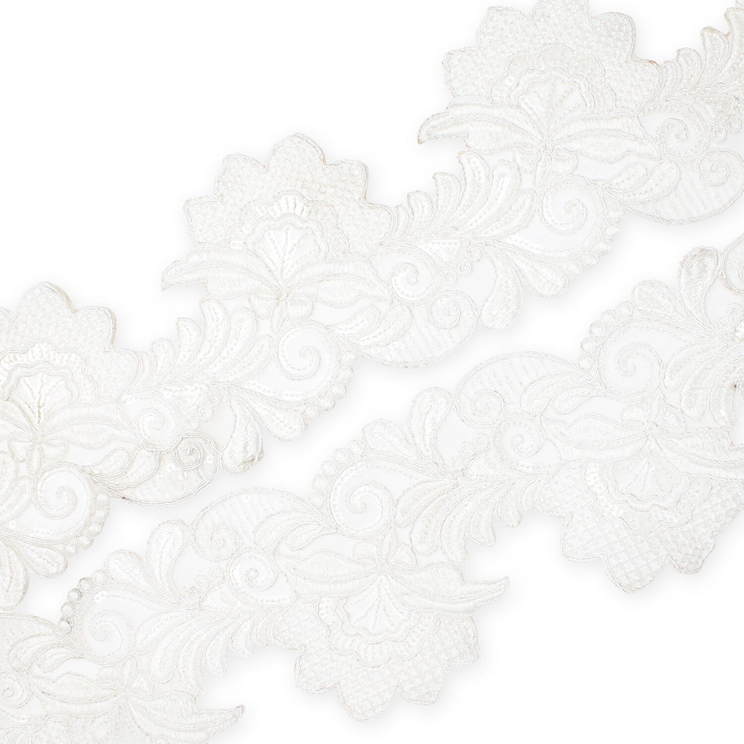 Leafy Floral Corded Sequin Embroidery On 4 Inch Scalloped Mesh Lace Trim Fabric SV582522 White Image A4