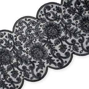 Floral Sequin Embroidery On 8 Inch Corded Mesh Lace Trim Fabric SV582507 Black Image A4