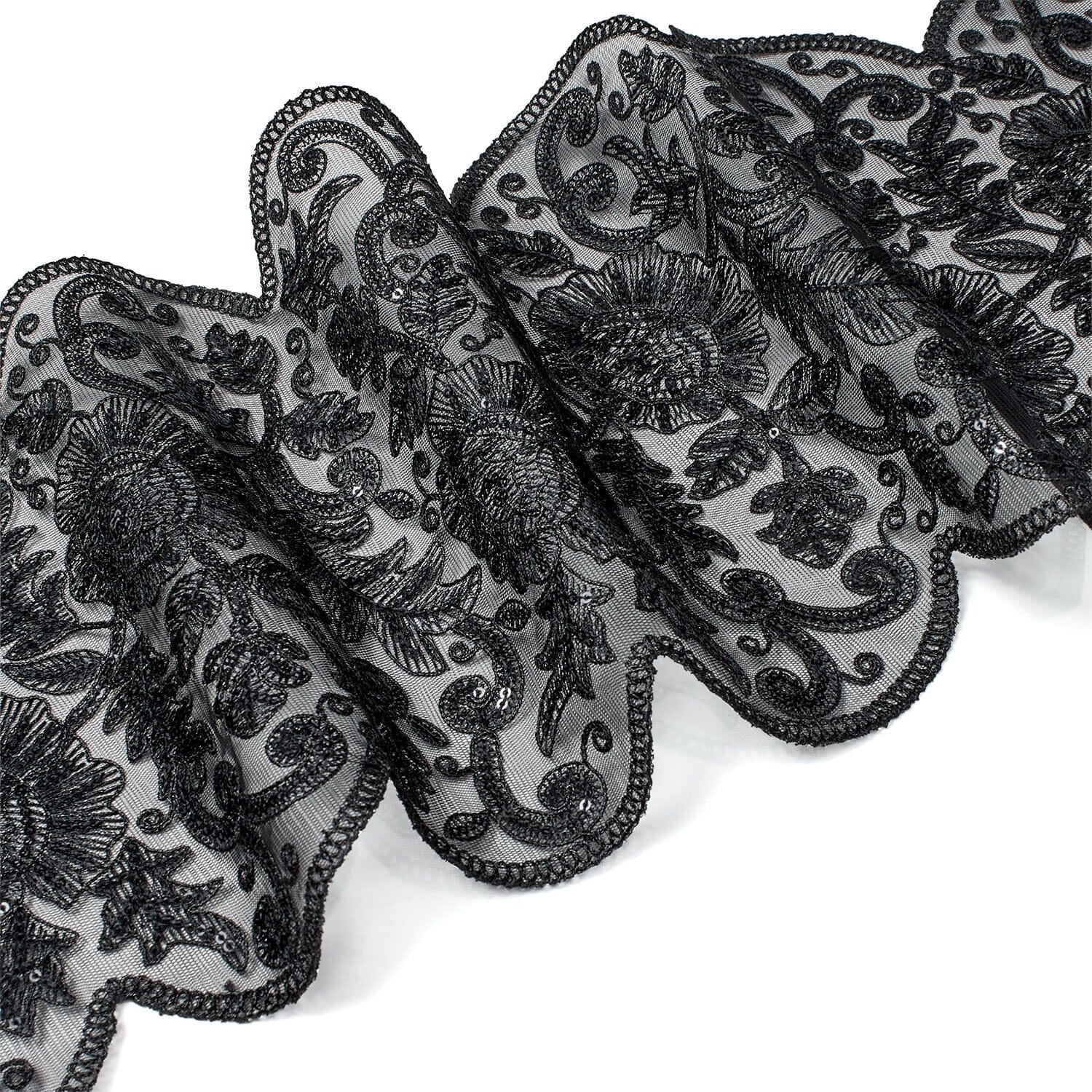 Floral Sequin Embroidery On 8 Inch Corded Mesh Lace Trim Fabric SV582507 Black Image A3