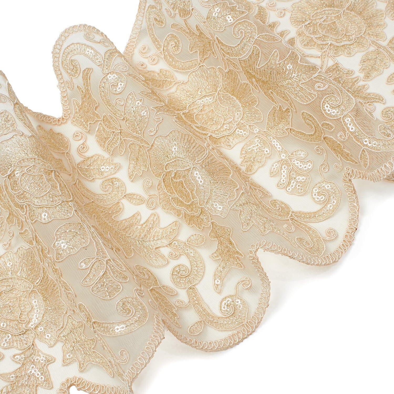 Floral Sequin Embroidery On 8 Inch Corded Mesh Lace Trim Fabric SV582509 Champagne Image A3