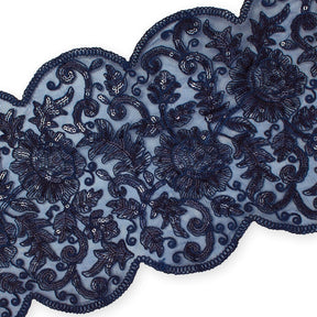 Floral Sequin Embroidery On 8 Inch Corded Mesh Lace Trim Fabric SV582508 Navy Blue Image A4