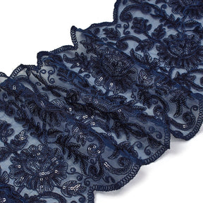 Floral Sequin Embroidery On 8 Inch Corded Mesh Lace Trim Fabric SV582508 Navy Blue Image A3