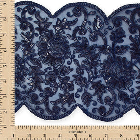 Floral Sequin Embroidery On 8 Inch Corded Mesh Lace Trim Fabric SV582508 Navy Blue Image A9