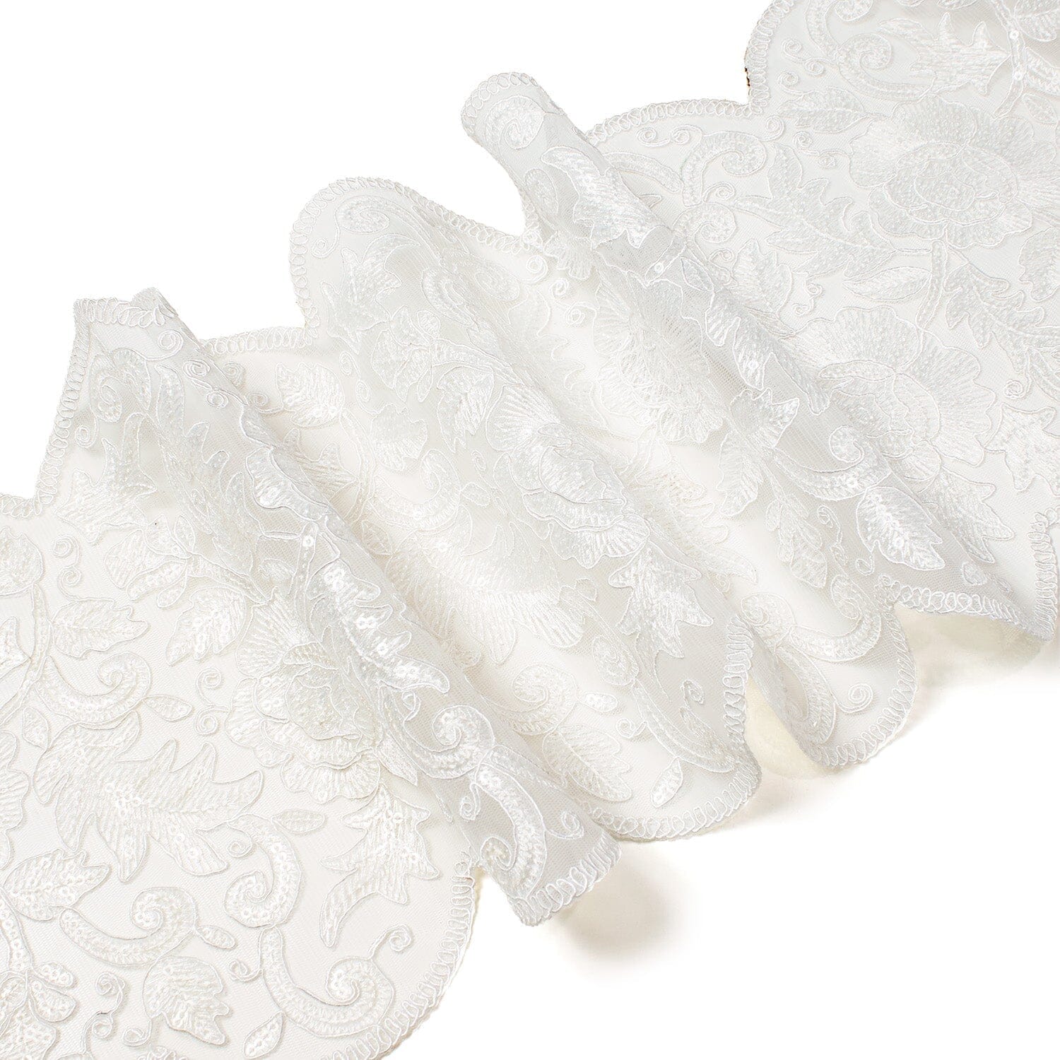 Floral Sequin Embroidery On 8 Inch Corded Mesh Lace Trim Fabric SV582868 White Image A3