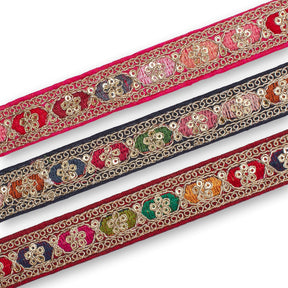 1.25 Inch Multicolored Embroidered Two Tone Plain Woven Corded Sequin Trim