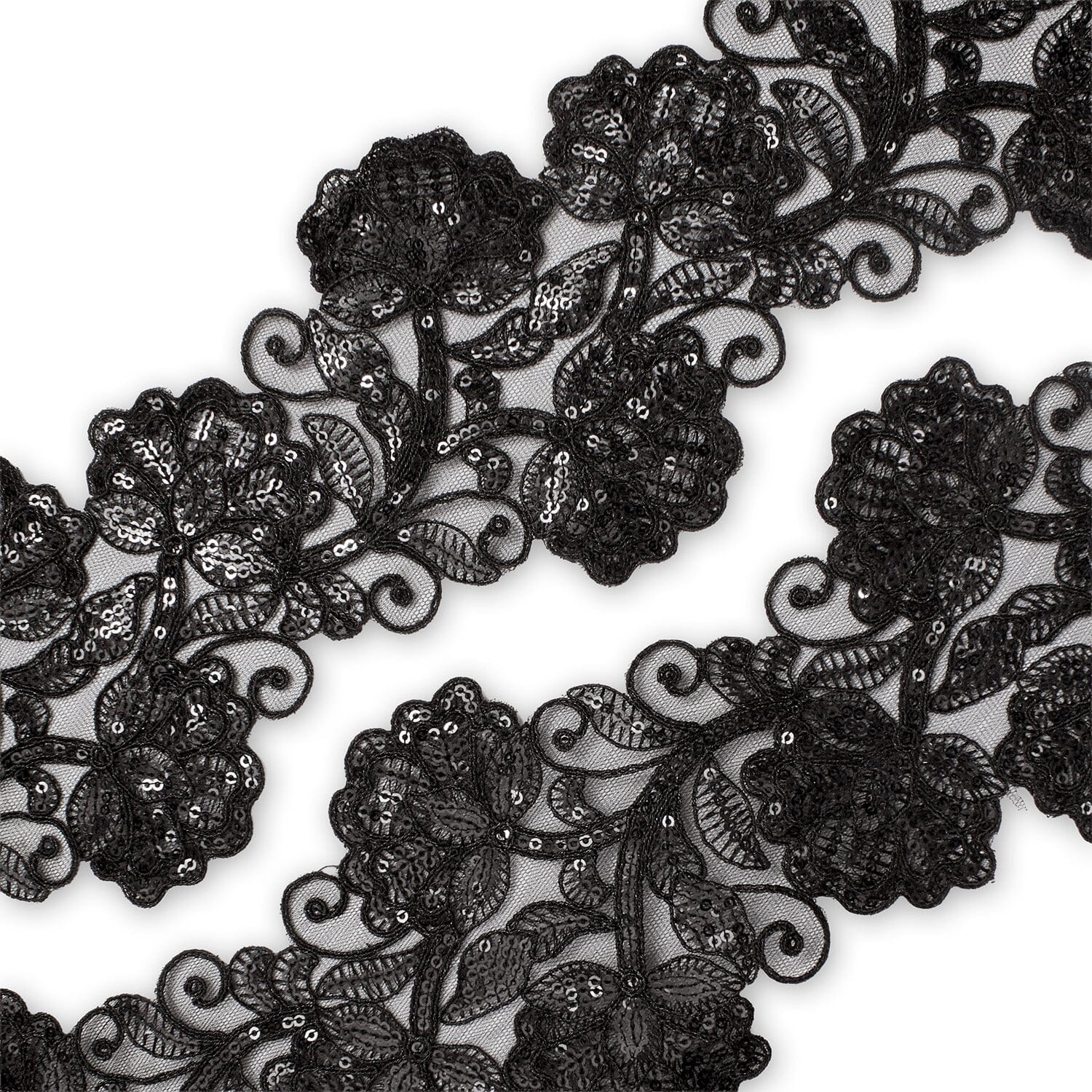 Floral Vine Corded Sequin Embroidery On 4 Inch Scalloped Mesh Lace Trim SV582514 Black Image A4