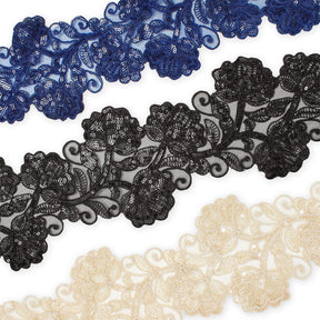 Floral Vine Corded Sequin Embroidery On 4 Inch Scalloped Mesh Lace Trim Group Image
