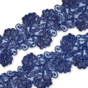 Floral Vine Corded Sequin Embroidery On 4 Inch Scalloped Mesh Lace Trim SV582512 Navy Blue Image A4