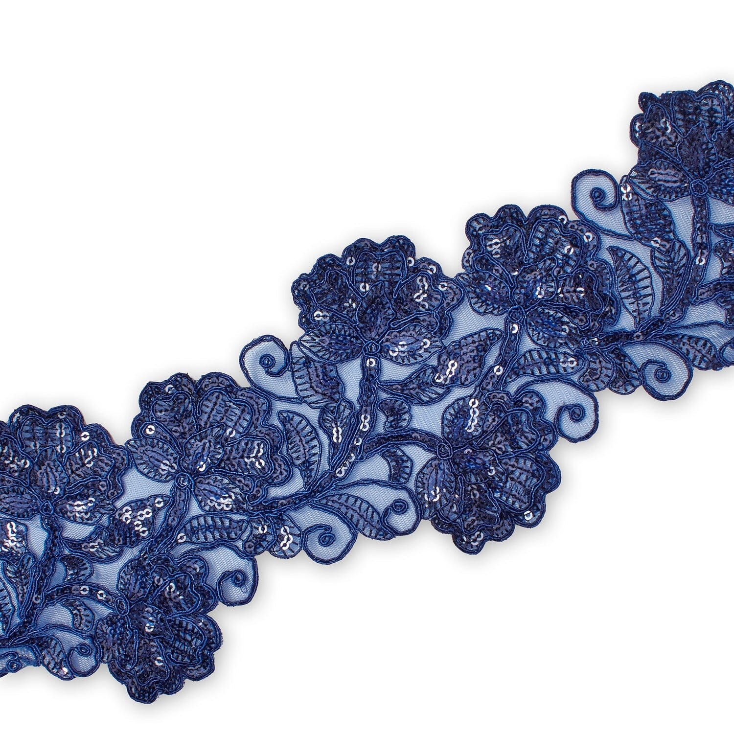 Floral Vine Corded Sequin Embroidery On 4 Inch Scalloped Mesh Lace Trim SV582512 Navy Blue Image A3