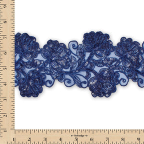Floral Vine Corded Sequin Embroidery On 4 Inch Scalloped Mesh Lace Trim SV582512 Navy Blue Image A9