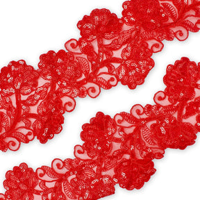 Floral Vine Corded Sequin Embroidery On 4 Inch Scalloped Mesh Lace Trim SV582515 Red Image A4