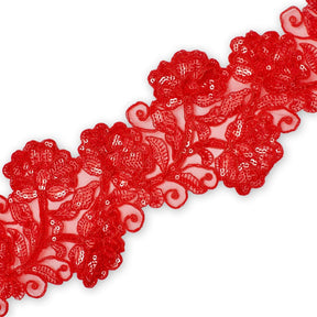 Floral Vine Corded Sequin Embroidery On 4 Inch Scalloped Mesh Lace Trim SV582515 Red Image A3