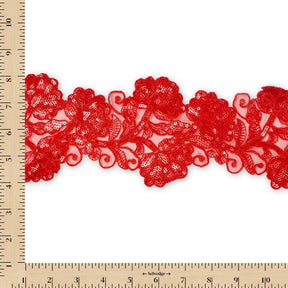 Floral Vine Corded Sequin Embroidery On 4 Inch Scalloped Mesh Lace Trim SV582515 Red Image A9