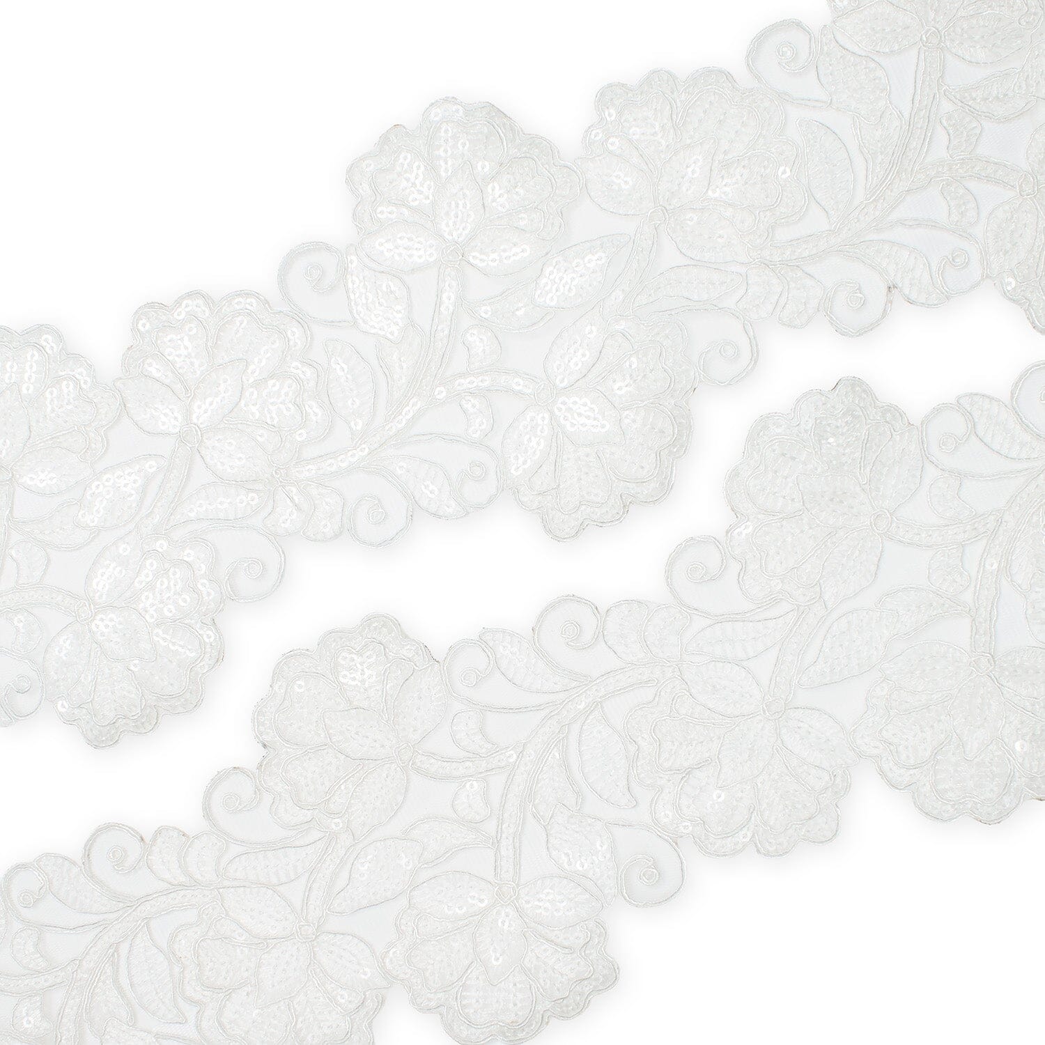 Floral Vine Corded Sequin Embroidery On 4 Inch Scalloped Mesh Lace Trim SV582510 White Image A4