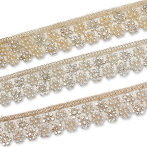 1.25 Inch Floral Beaded Rhinestone Corded Mesh Trim