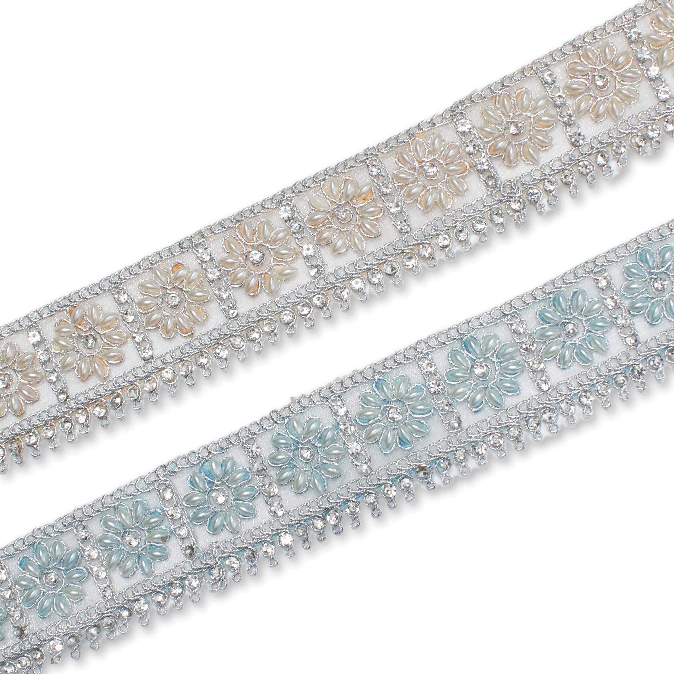 Elasticated Rhinestone Trim 1.5 Inch Floral Geometric Rhinestone Bead Corded Mesh Trim (9.8 Yards