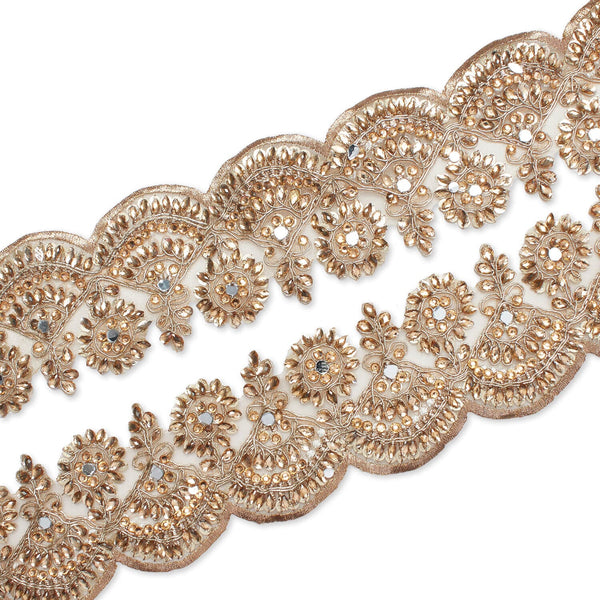 2.5 Inch Floral Mirror Sequined Metallic Corded Rhinestone Embroidered Mesh Trim