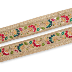 1.75 Inch Floral Vine Metallic Corded Sequin Embroidery On Two Tone Trim