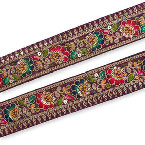 1.75 Inch Floral Vine Metallic Corded Sequin Embroidery On Two Tone Trim