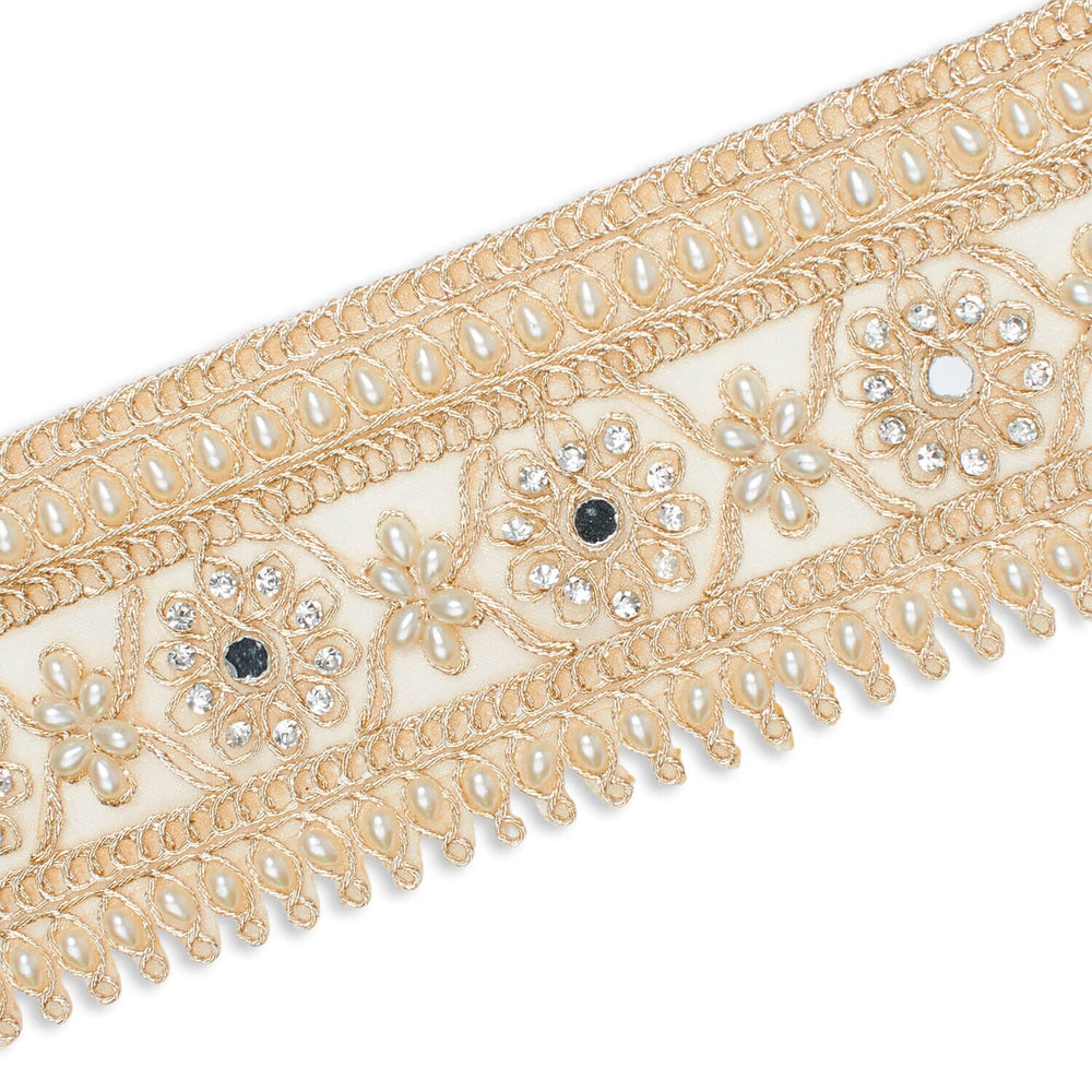 2 5 Inch Daisy Flower Rhinestone Beaded Metallic Cording On Mesh Lace Trim SV581895 Champagne A2