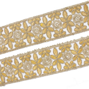2 5 Inch Daisy Flower Metallic Corded Embroidery On Mesh Lace Trim SV582390 Gold A1