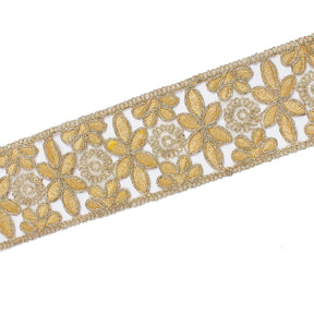 2 5 Inch Daisy Flower Metallic Corded Embroidery On Mesh Lace Trim SV582390 Gold A2