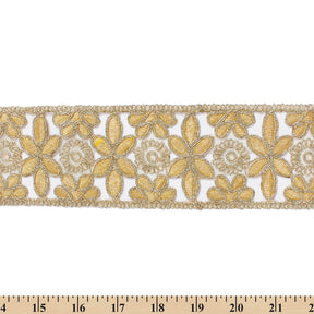 2 5 Inch Daisy Flower Metallic Corded Embroidery On Mesh Lace Trim SV582390 Gold A9