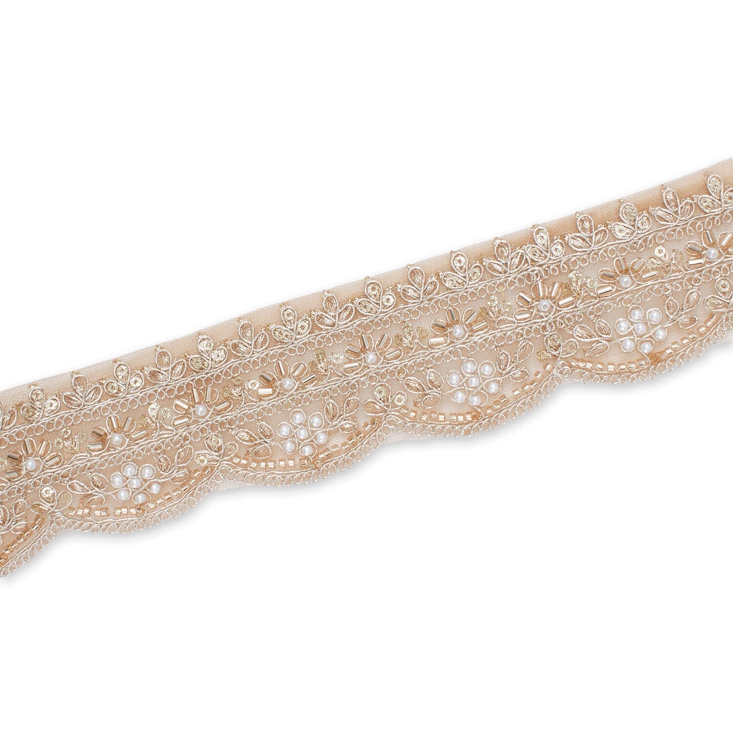 2 Inch Beaded Pearl Metallic Corded Embroidery On Scalloped Mesh Fabric Trim SV582487 Anmol Image A3