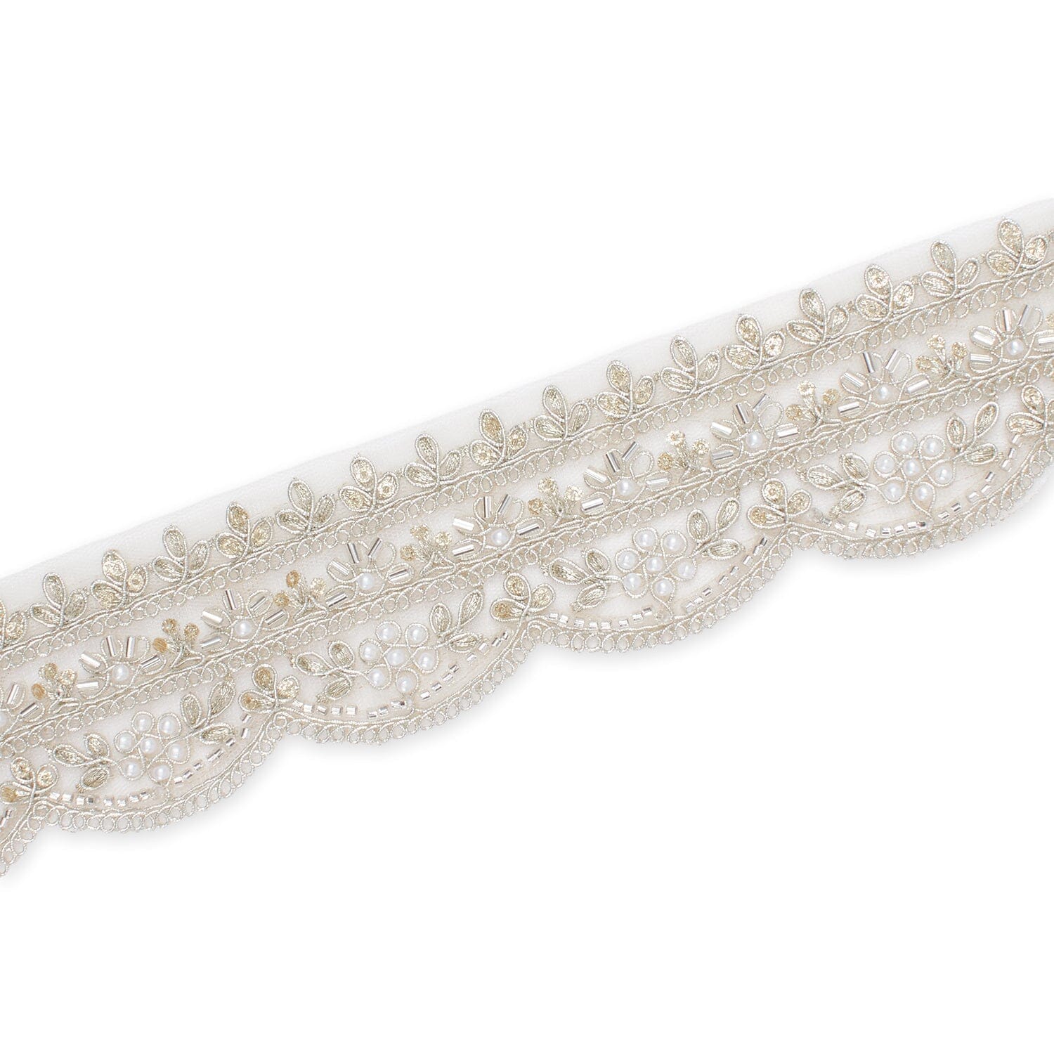 2 Inch Beaded Pearl Metallic Corded Embroidery On Scalloped Mesh Fabric Trim SV582488 Silver Image A3