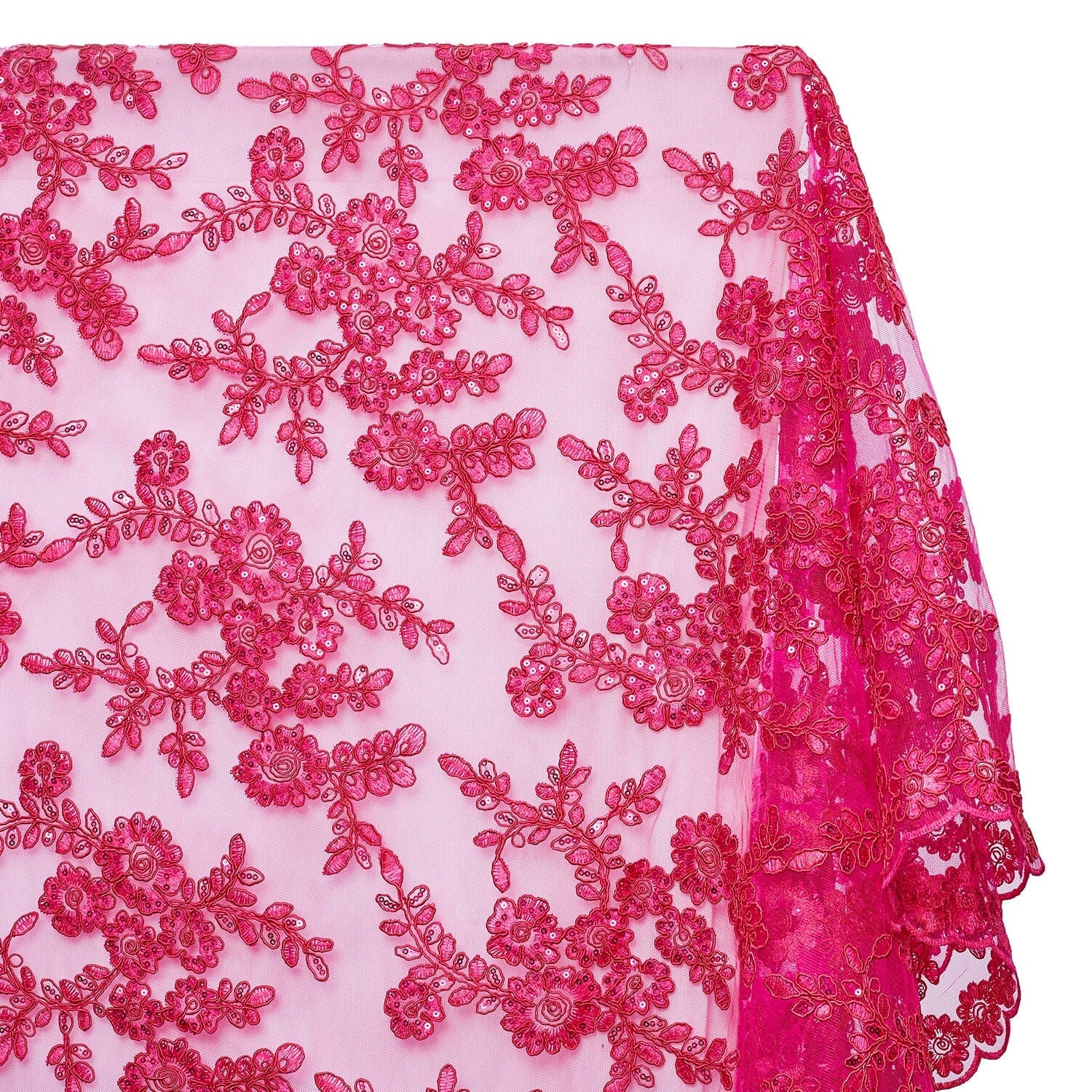 Sheer Floral Sequined Embroidery On Lace Fabric SV582712 Fuchsia Image A1