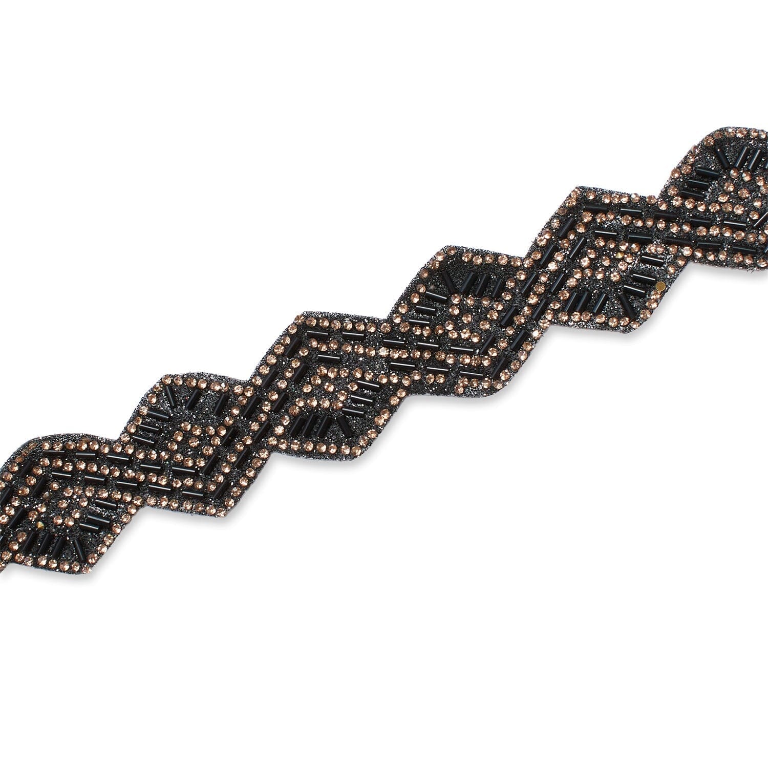 1.25 Inch Beaded Rhinestone Glitter Infused Iron On Scalloped Mesh Fabric Trim SV582902 Gold / Black Image A3