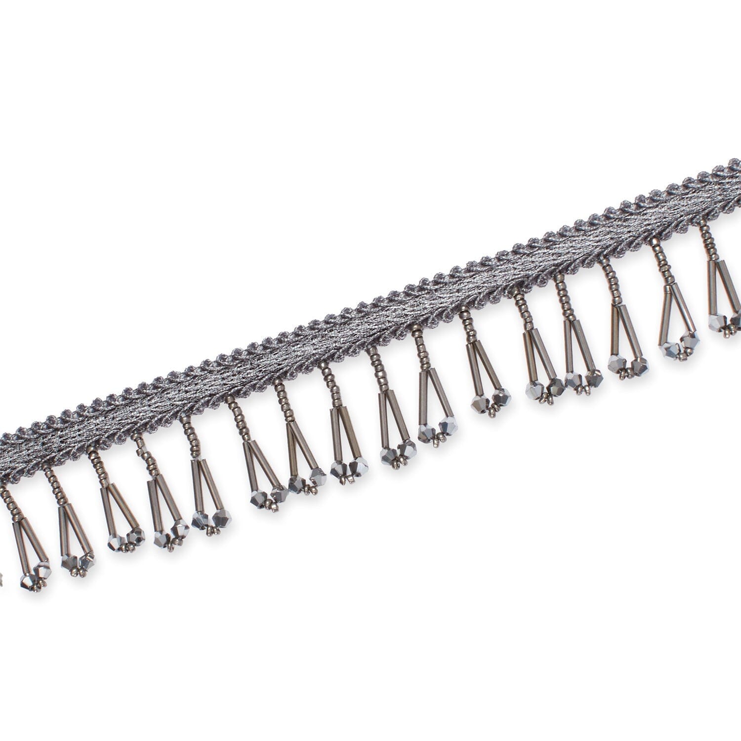 1.5 Inch Braided Metallic Cord With Beaded Tassel Fringe Fabric Trim SV582918 Silver Image A3