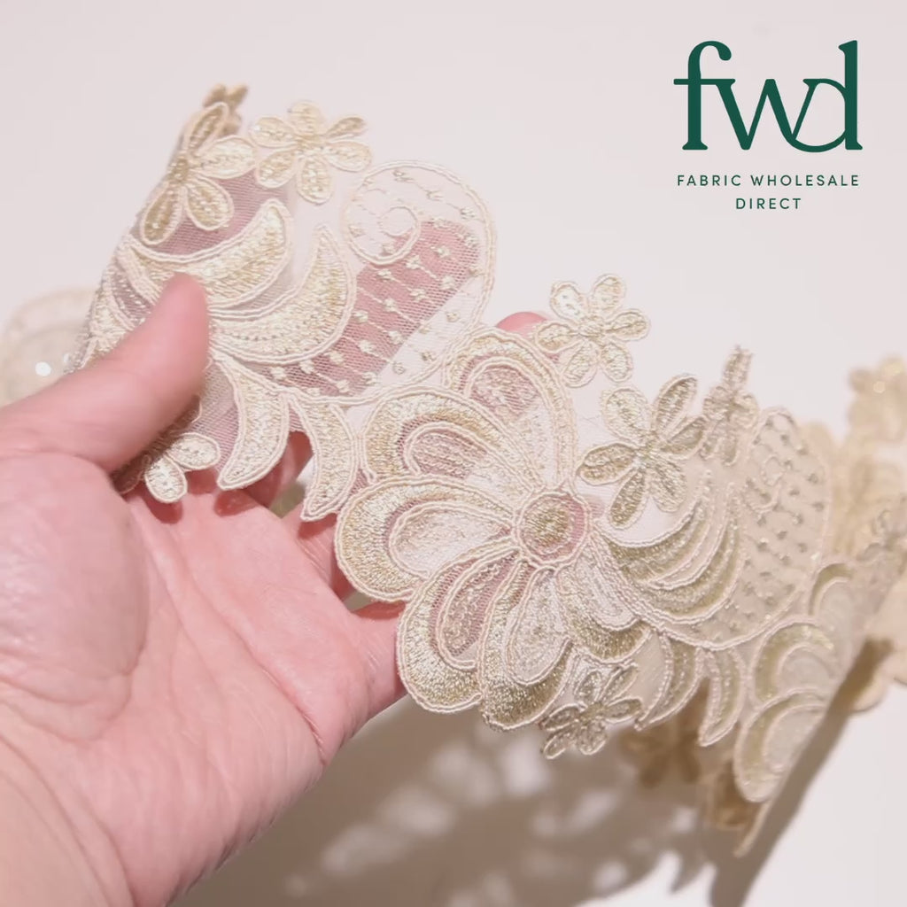 Wild Flower Corded Sequin Embroidery On 4 Inch Scalloped Mesh Lace Trim Fabric Champagne Video|SV582519