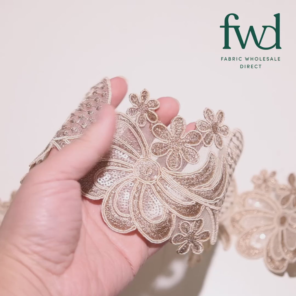 Wild Flower Corded Sequin Embroidery On 4 Inch Scalloped Mesh Lace Trim Fabric Fone Video|SV582517