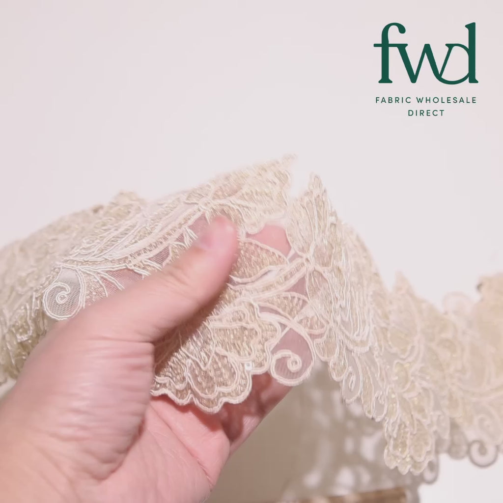 Floral Vine Corded Sequin Embroidery On 4 Inch Scalloped Mesh Lace Trim Champagne Video|SV582513