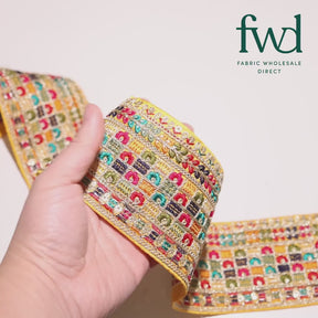 3 Inch Geometric Floral Sequined Metallic Embroidery On Hemmed Woven Trim Mustard Video|SV582501
