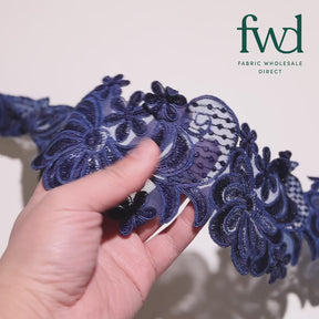 Wild Flower Corded Sequin Embroidery On 4 Inch Scalloped Mesh Lace Trim Fabric Navy Blue Video|SV582518