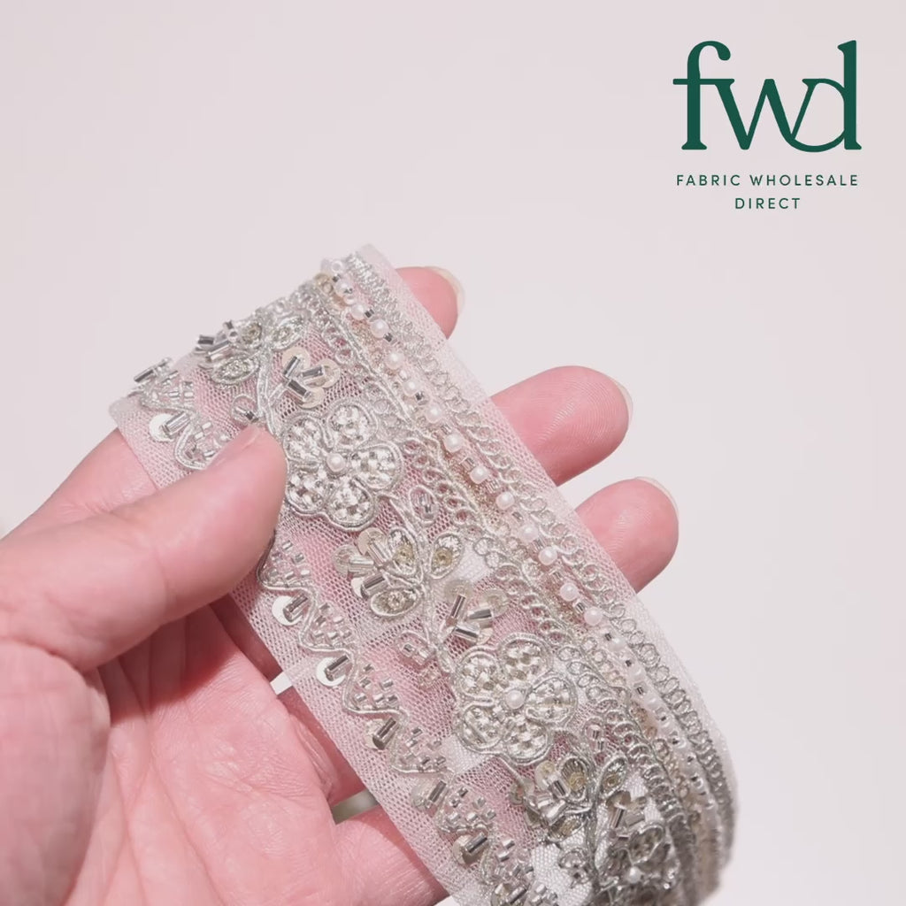 Floral Vine Beaded Sequin Metallic Woven Embroidery On 2 Inch Hemmed Mesh Lace Trim Pale Gold Video|SV582479