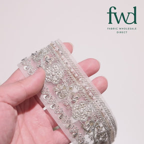 Floral Vine Beaded Sequin Metallic Woven Embroidery On 2 Inch Hemmed Mesh Lace Trim Pale Gold Video|SV582479