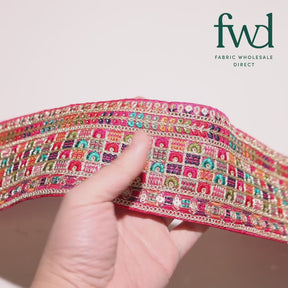 3 Inch Geometric Floral Sequined Metallic Embroidery On Hemmed Woven Trim Rani Video|SV582499