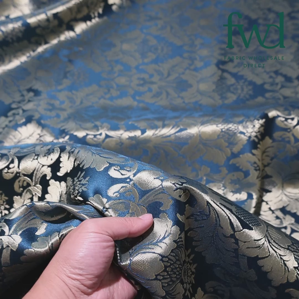 Extra Wide Floral Damask Upholstery Jacquard Fabric Teal / Gold Video|SV583032