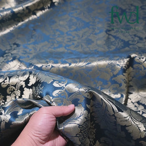 Extra Wide Floral Damask Upholstery Jacquard Fabric Teal / Gold Video|SV583032