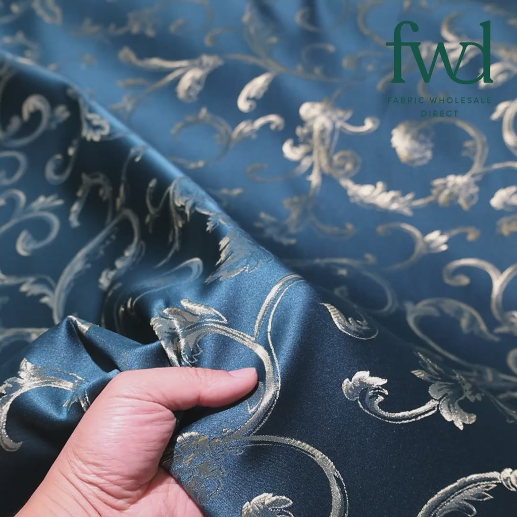 Extra Wide Vine Upholstery Jacquard Fabric Teal Gold Video|SV583033