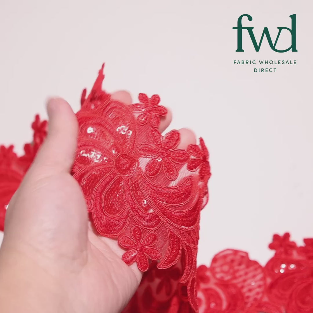 Wild Flower Corded Sequin Embroidery On 4 Inch Scalloped Mesh Lace Trim Fabric Red Video|SV582521
