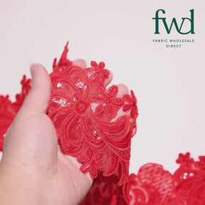 Wild Flower Corded Sequin Embroidery On 4 Inch Scalloped Mesh Lace Trim Fabric Red Video|SV582521