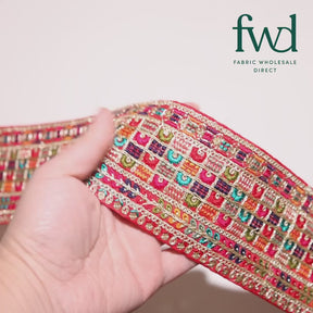 3 Inch Geometric Floral Sequined Metallic Embroidery On Hemmed Woven Trim Red Video|SV582500