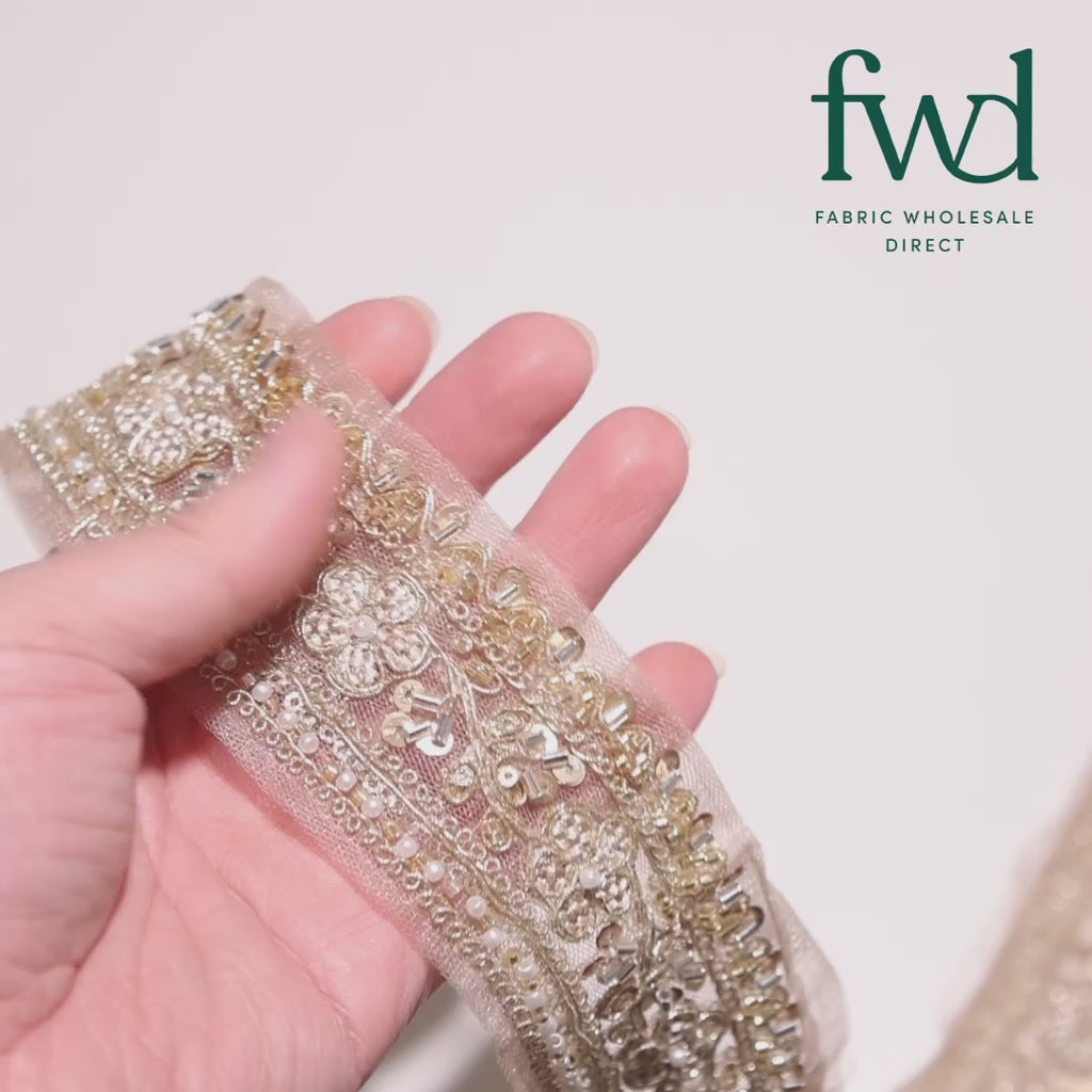Floral Vine Beaded Sequin Metallic Woven Embroidery On 2 Inch Hemmed Mesh Lace Trim Champagne Video|SV582478