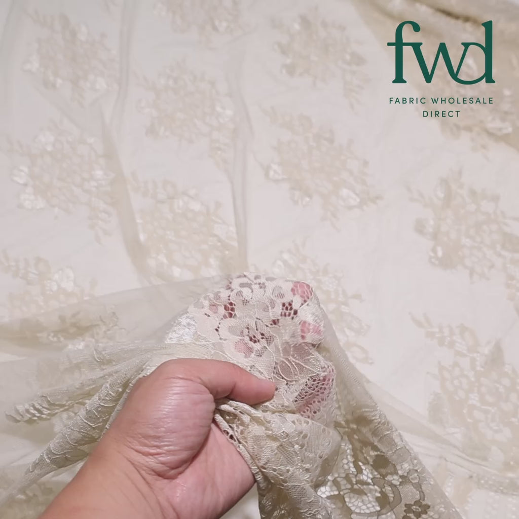 Leafy Chantilly Lace Fabric Champagne Video|SV582672