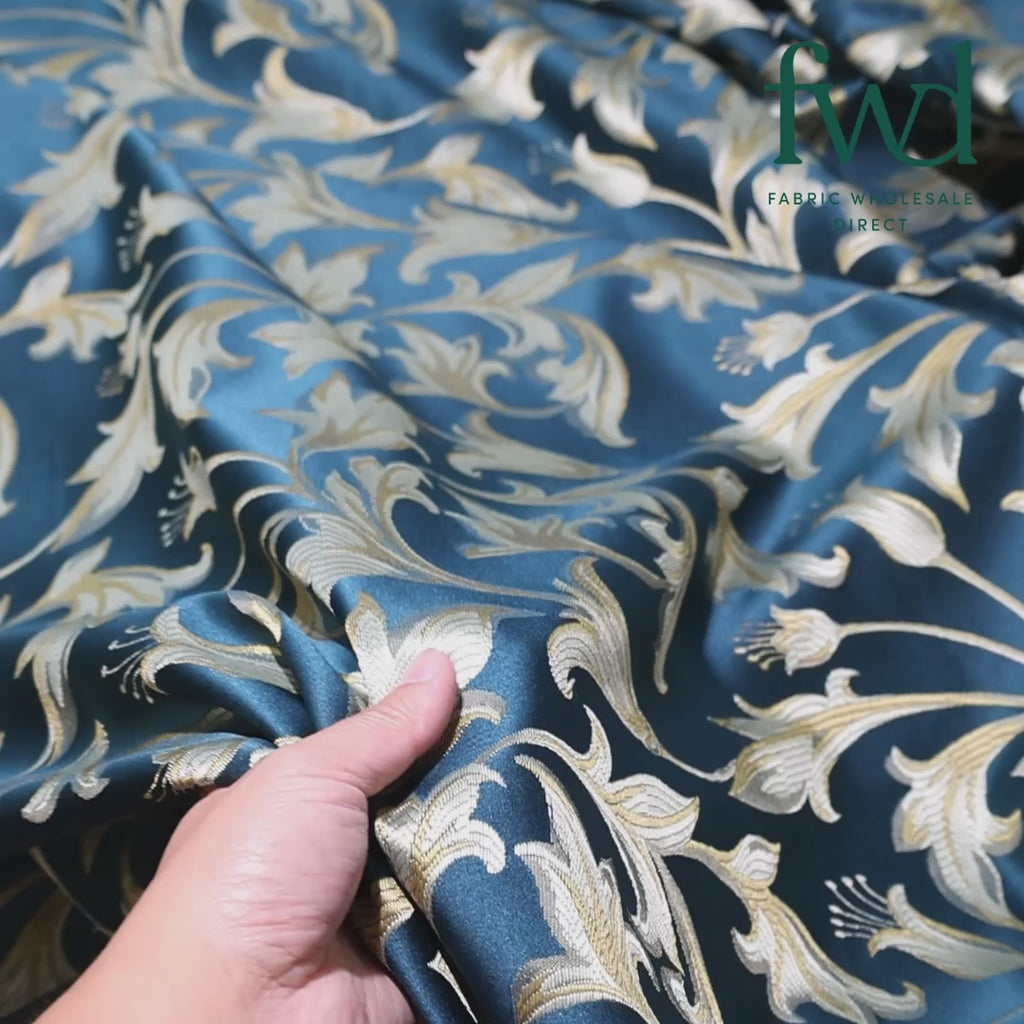 Extra Wide Bloom Upholstery Jacquard Fabric Teal / Gold Video|SV583034