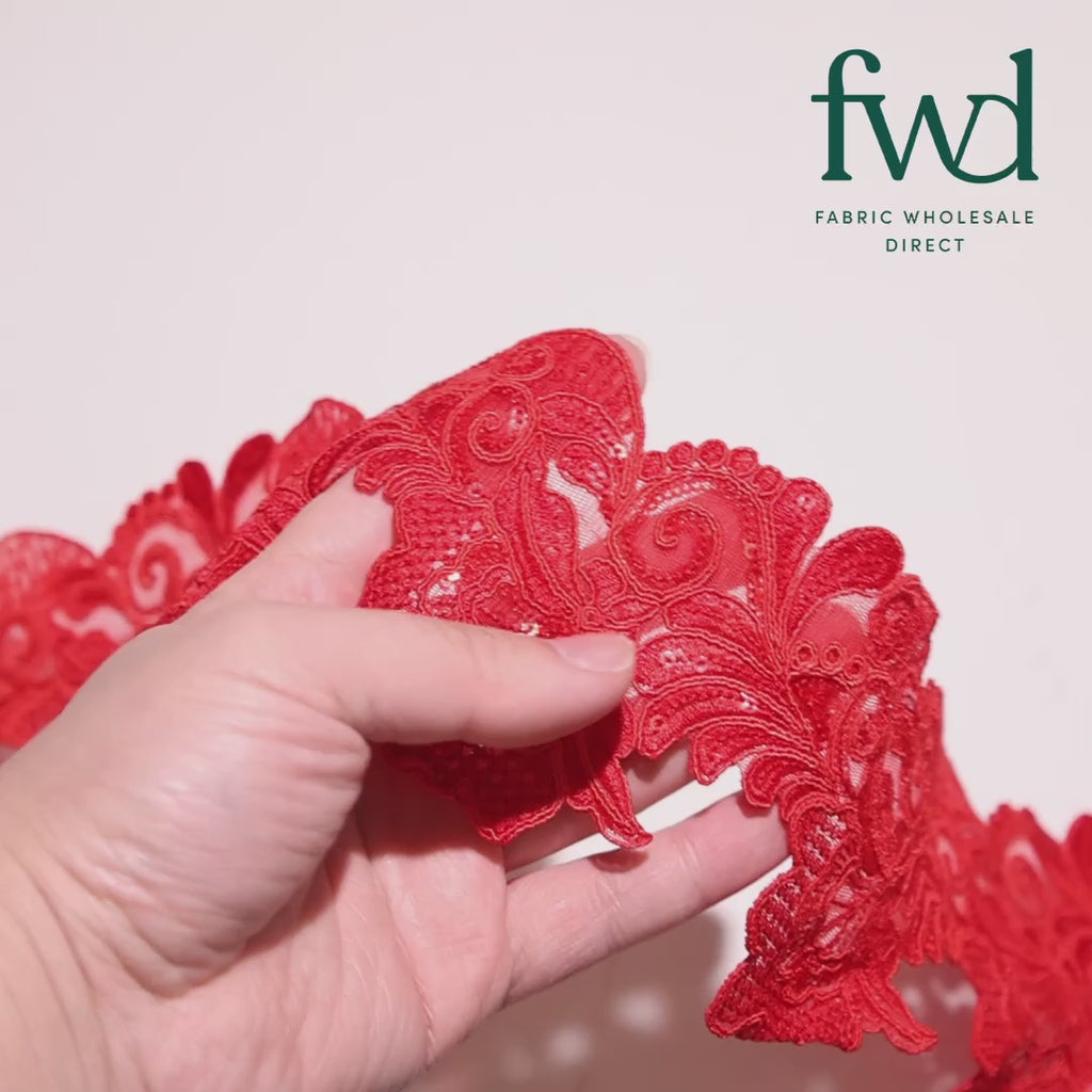 Leafy Floral Corded Sequin Embroidery On 4 Inch Scalloped Mesh Lace Trim Fabric Red Video|SV582526
